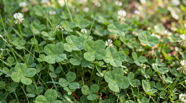 Four leaf clover lucky charm plant in green grass field macro shot
