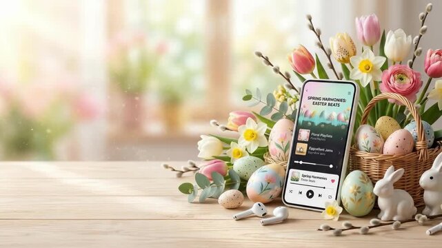 Easter floral arrangement on wooden table with colored eggs and basket. Spring holiday decoration featuring tulips and pussy willows. Smartphone playing festive music playlist for seasonal
