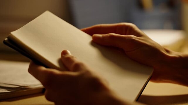 Hands Holding Blank Notebook at Desk Under Warm Indoor Light in Workspace