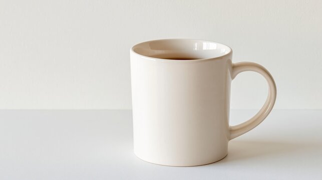 Minimal beige ceramic mug with hot drink on a neutral background and generous copy space