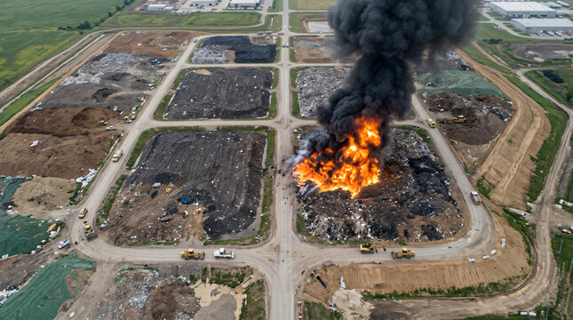Drone commercial stock photo of a fire explosion inside a landfill area. High-angle aerial view of a dynamic waste storage incident with orange flames and black smoke under cloudy sky.