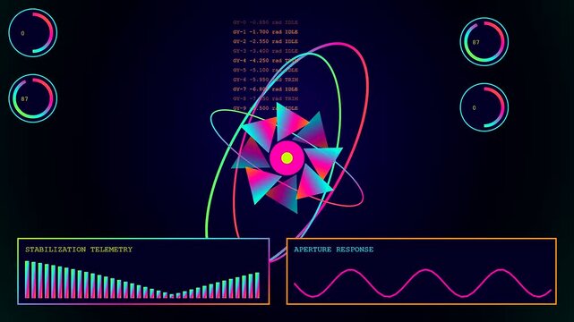 Perception fusion display showing dynamic colorful geometric patterns with floating orbital rings and glowing telemetry bars that cycle across a dark digital interface during active screen monitoring