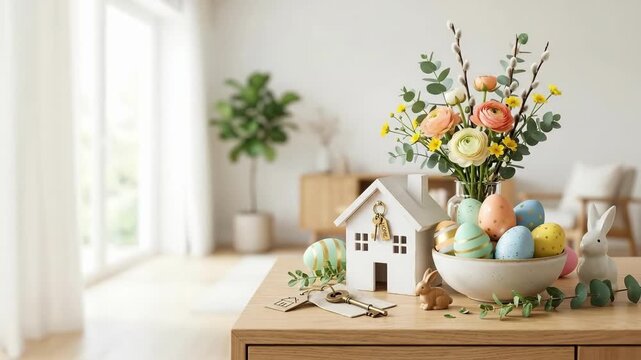 Easter decoration on wooden table with colorful eggs in bowl and small white bunny. Pussy willow branches yellow ranunculus flowers in vase beside house keychain. Cozy modern living room interior