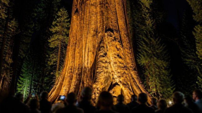Massive illuminated trunk of a giant sequoia tree at night with a crowd of silhouetted tourists photographing the ancient redwood in a dark forest at Sequoia National Park.