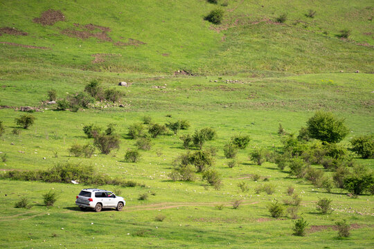 The car is driving along the green hills