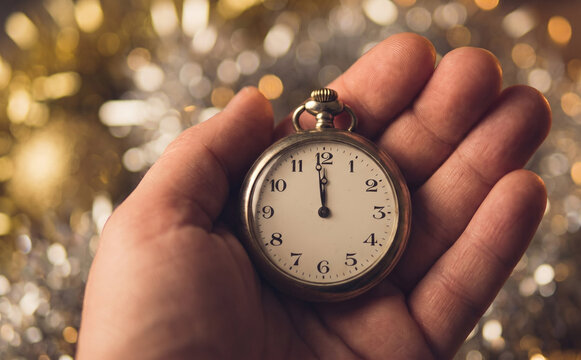 Vintage Pocket Watch Held in Hand at Midnight for New Year Celebration Concept
