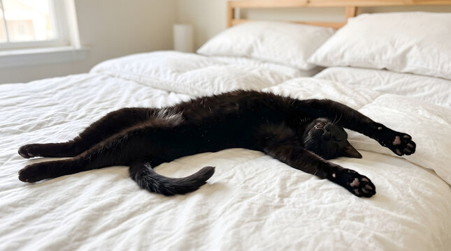Black cat stretching on white bed sheet in morning routine