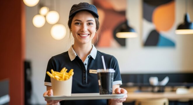 Smiling young caucasian female fast food worker holding tray with fries and drink in restaurant