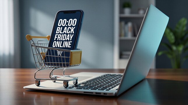 Smartphone displaying a Black Friday countdown timer sits inside a small shopping cart on an open laptop in a modern office setting.