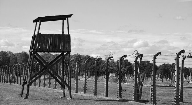 AUSCHWITZ BIRKENAU POLAND: Electric barbed wires of the German nazi concentration and extermination camp world heritage,  Here were exterminated 1.5 million people at the WWII