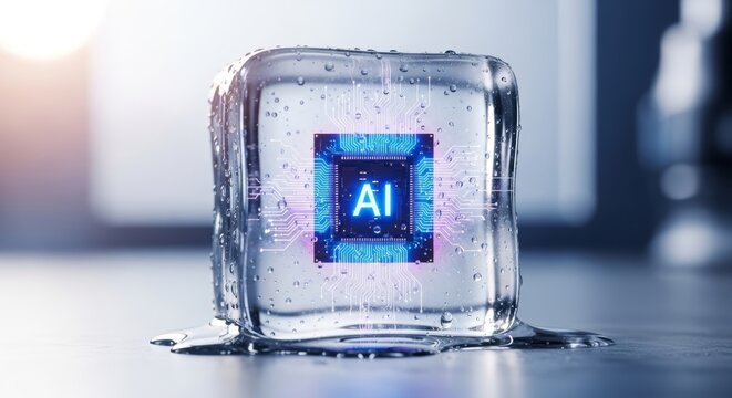 Ice cube with glowing ai chip encapsulated inside, representing technology and innovation