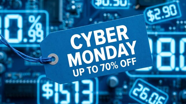 Blue price tag displaying a Cyber Monday sale offer of up to seventy percent off is placed against a background of digital electronic circuit boards and glowing numbers.