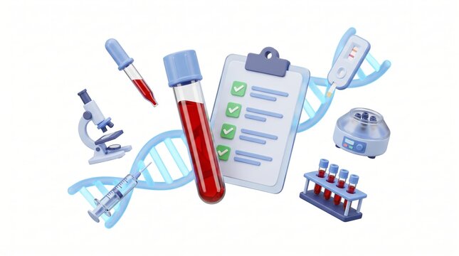 Science icons including blood vials, DNA, and lab equipment