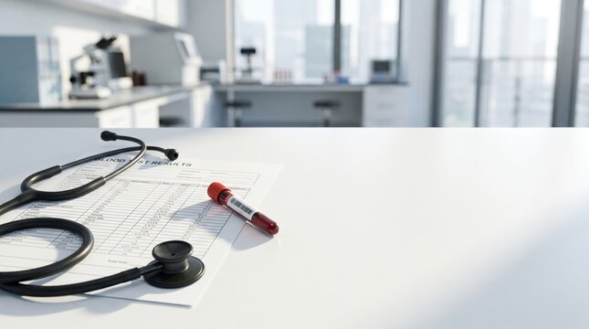 Stethoscope, pen, and chart on clean desk near laboratory