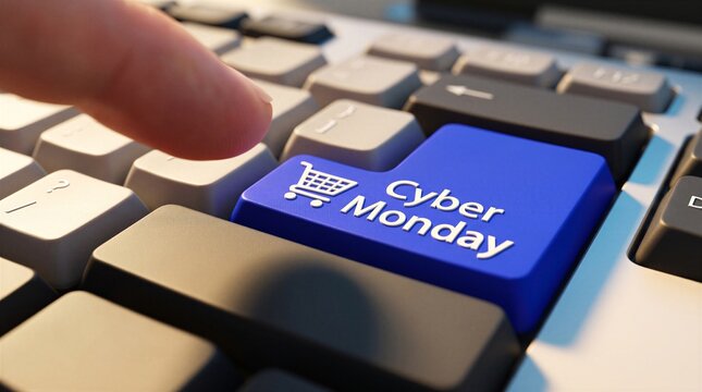 Close up of a human finger about to press the blue Cyber Monday button on a laptop keyboard for online shopping sales.