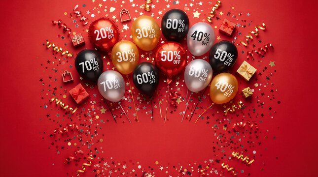 Colorful balloons with discount percentages float above a red surface decorated with gold stars, ribbons, and small gift boxes for a shopping promotion.