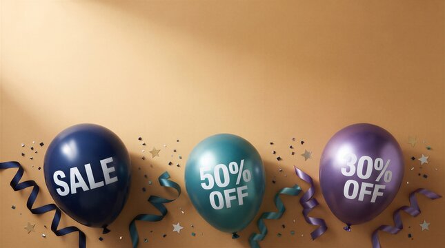Colorful blue, teal, and purple balloons featuring sale and discount text are decorated with festive confetti on a tan backdrop.