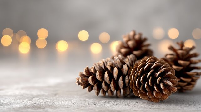 Pine cones on gray surface with warm bokeh lights in background