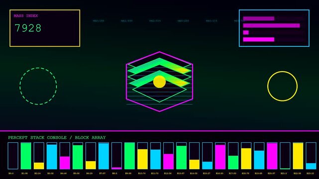 Displaying perception fusion within a digital interface screen showing oscillating colorful bar charts with central glowing geometric shapes flickering across three separate panel views simultaneously