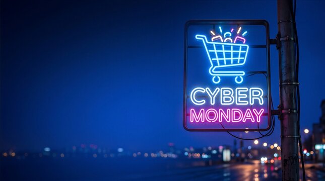 Glowing neon sign featuring a shopping cart and Cyber Monday text shines against a dark blue night sky in an urban setting.