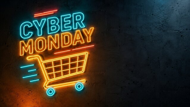 Glowing neon sign displays Cyber Monday text and a shopping cart icon against a dark textured concrete wall background.
