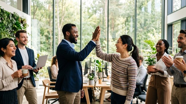 Happy colleagues high-five celebrating success in a modern green office