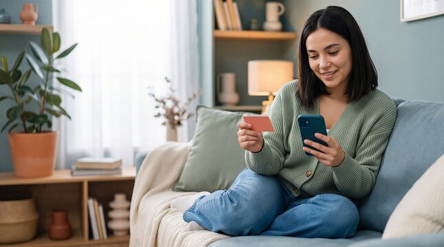 Happy young woman sitting on a sofa at home uses her smartphone and credit card to make an online purchase in a bright living room.