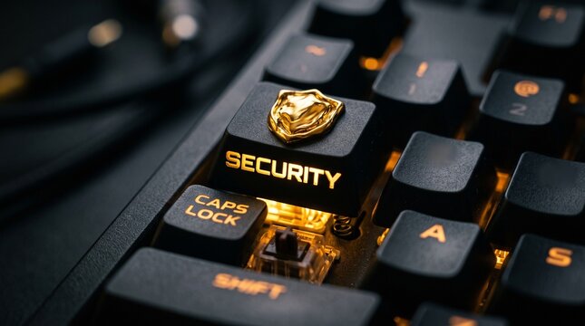 Dark computer keyboard with glowing protection key and golden shield icon for digital safety.