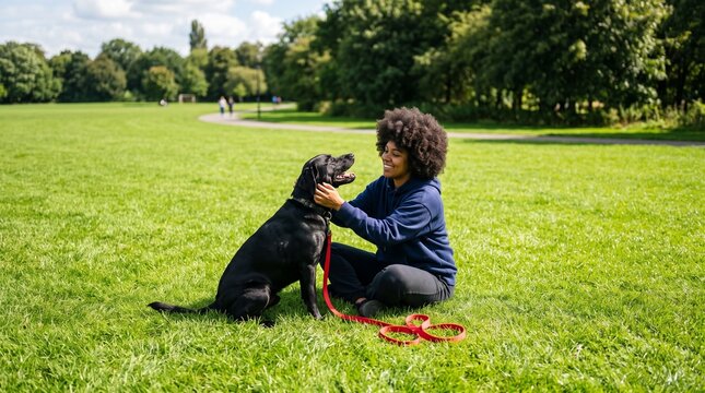 Woman with afro hair petting her black dog on green grass in the park.