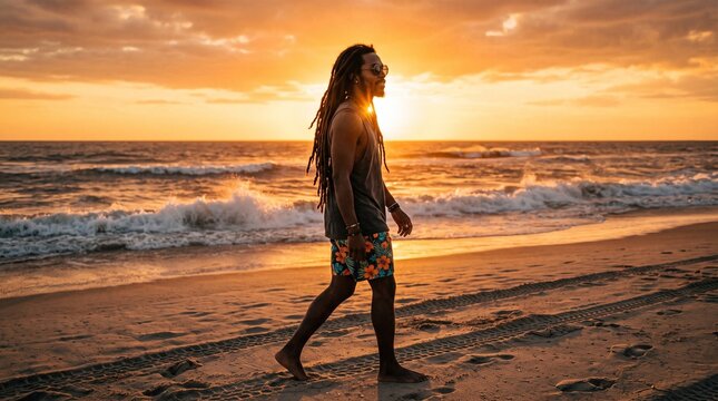 Man with dreadlocks enjoying a golden sunset on a beautiful beach