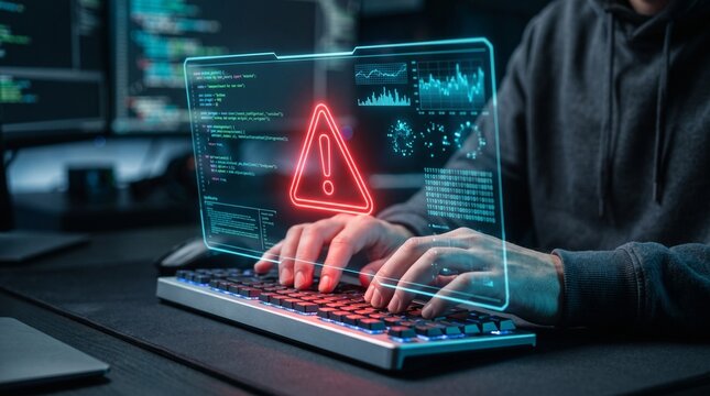 Cybersecurity Alert and Digital System Threat Concept with Holographic Warning Interface