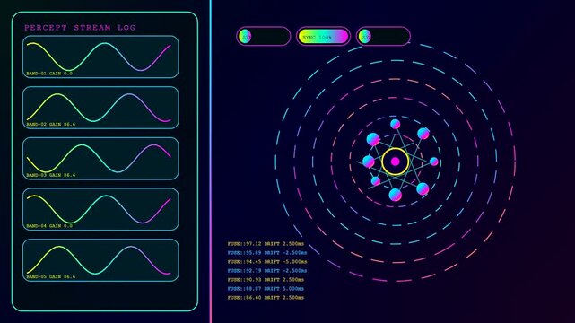 Displaying perception fusion through rhythmic pulses and light frequencies on a dark screen showing complex waveforms and radiating circular nodes for digital analysis and system data monitoring
