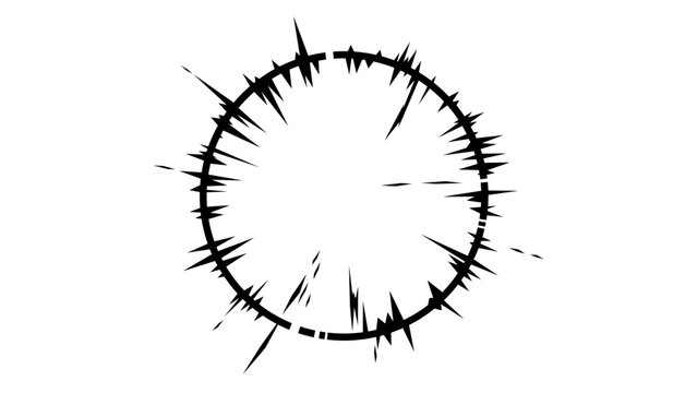Bold black and white manga radial burst with a circular spiky frame, sharp impact lines, and an empty center. Ideal for anime scenes, comic panels, action effects, logos, and graphic design.