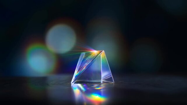 Transparent glass pyramid rests on reflective surface against a dark background