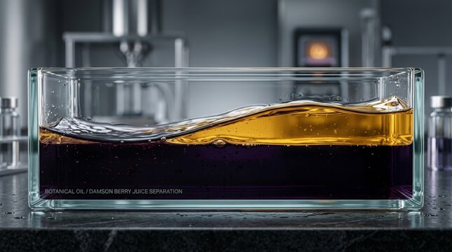 Golden liquid wave layer above deep purple solution in glass tank
