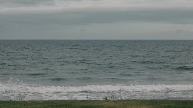 A grassy field with a gray sky and sea in the background