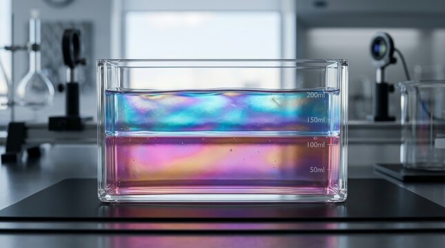 Iridescent multicolored liquid layers in a rectangular glass laboratory tank