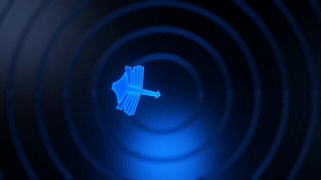 Glowing Blue Arrow Pointing Right Over Concentric Rings on Dark Abstract Background