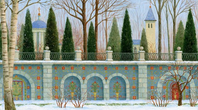Whimsical hand-painted winter park with ornamental architecture, evergreen trees and gentle snowfall