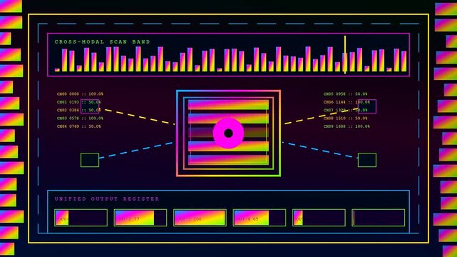 Data streaming perception fusion interface showing rapid digital updates across multiple vibrant monitor panels with glowing bar charts and rhythmic frequency wave patterns in dark space
