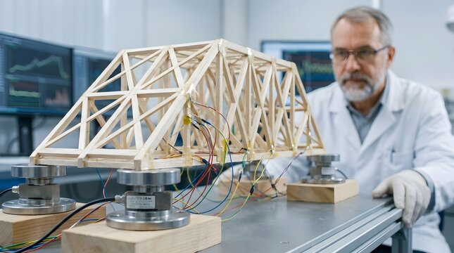 Engineer analyzing structural integrity of wooden truss bridge model in research laboratory