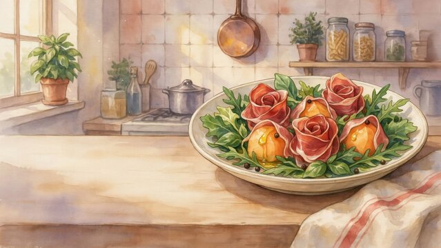 A national dish of Italian cuisine. 
Prosciutto e melone is a classic Italian appetizer in which thin slices of salty Parma ham are combined with sweet, ripe melon. Photo with space for text. 