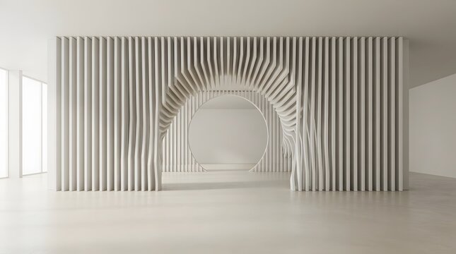 reate a completely original minimalist abstract 3D artwork combining the soft organic radial curves of the first reference with the precise vertical line geometry of the second. Hundreds of ultra-thin