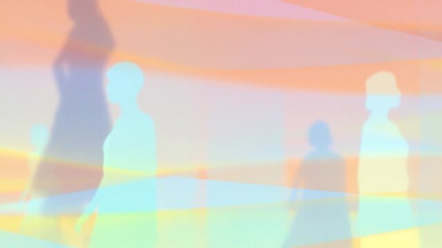 Abstract Human Silhouettes Appear Behind Layered Pastel Color Bands in Soft Light