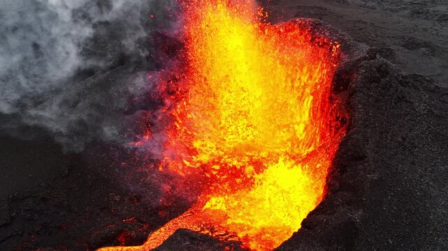 Active lava fountain erupting from volcanic vent with glowing molten flow over dark scoria rim, drifting ash, heat haze, and rugged barren terrain, with lava, eruption, volcano, magma detail