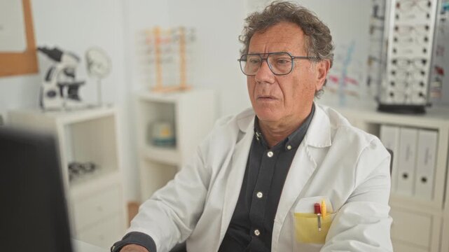 Man optician touching chin while viewing computer screen in medical office building; contemplation professional focus.