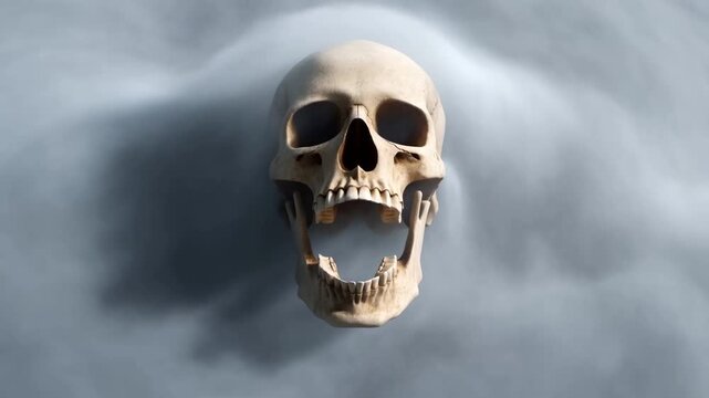 Human skull surrounded by dense smoke in dark setting with frontal view