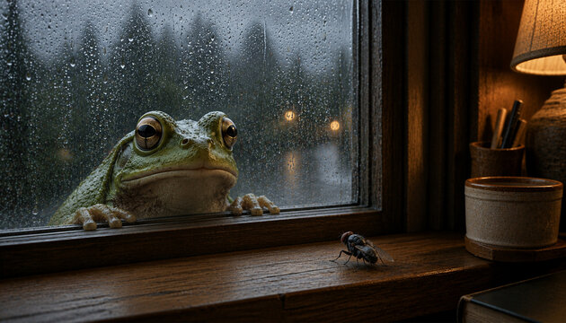 Curious green frog watching a fly through a rain-covered window, creating a humorous wildlife scene about patience, hunting, feeding and natural predator behavior.
