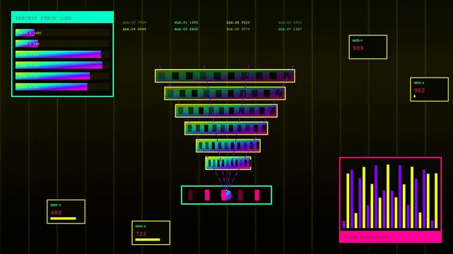 Three digital displays featuring perception fusion processing layered abstract data flow with neon glowing graphs and geometric hierarchy patterns shown on a dark interface screen
