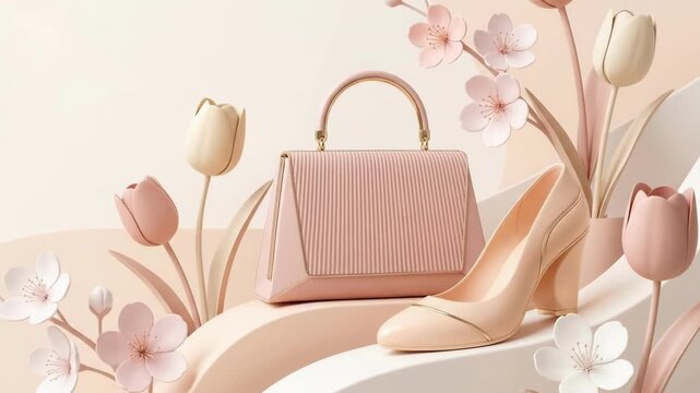 Pink handbag and high heel shoe arranged with white tulips and pink flowers on light background. Elegant fashion flat lay composition for feminine style. Spring accessory design concept evoking